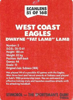 1989 Scanlens VFL #51 Dwayne Lamb Back